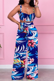 Blue Sexy Print Patchwork Spaghetti Strap Sleeveless Two Pieces