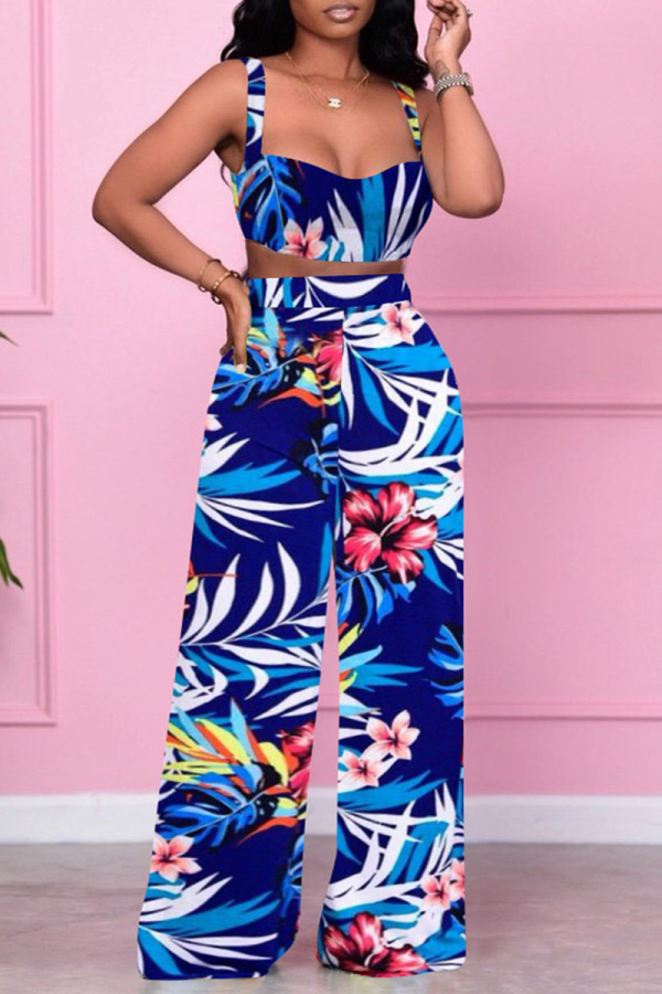 Blue Sexy Print Patchwork Spaghetti Strap Sleeveless Two Pieces