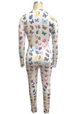 multicolor Fashion Sexy Print zipper Long Sleeve O Neck Jumpsuits