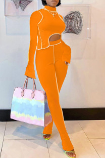 Orange Milk Silk OL Patchwork Solid asymmetrical pencil Long Sleeve Two Pieces