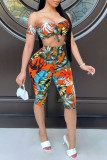 Orange Sexy Print Patchwork Off the Shoulder Short Sleeve Two Pieces