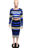 blue stripe England Striped Print pencil Long Sleeve Two Pieces