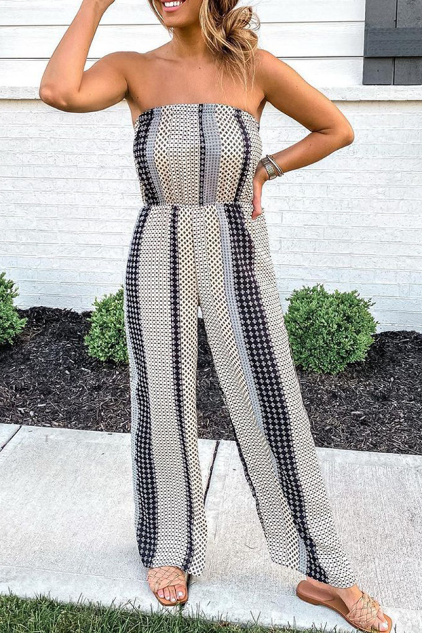 Black Casual Print Patchwork Strapless Straight Jumpsuits