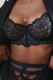 Black Sexy Solid Lace Hollowed Out Patchwork Solid Color Lingerie