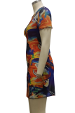 Multicolor Sexy Print Mesh O Neck Pencil Skirt Dresses