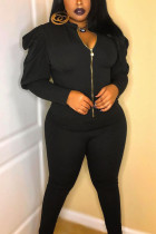 Black Active Casual Patchwork Solid pencil Puff sleeve Two Pieces