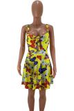 Yellow Fashion Sexy Tank Sleeveless V Neck A-Line Mini Print Patchwork Club Dresses