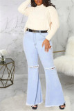 Dark Blue Fashion Casual Solid Ripped Without Belt Plus Size Jeans