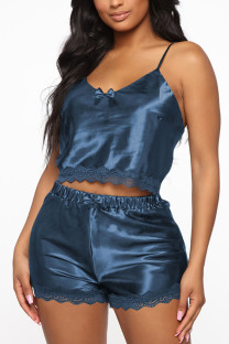 Blue Fashion Sexy Solid bow-knot Two Piece Suits Straight Sleeveless Two Pieces