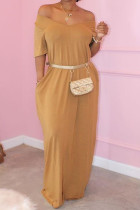 Khaki Fashion Casual Red Black Khaki Yellow Sky Blue Lake Blue Cap Sleeve Short Sleeves V Neck Swagger Floor-Length Solid Dresses