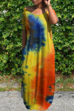 Green Casual Patchwork Tie-dye Slit V Neck Straight Dresses