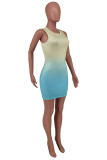 Yellow And Blue Fashion Sexy Gradual Change Print O Neck Sleeveless Dress