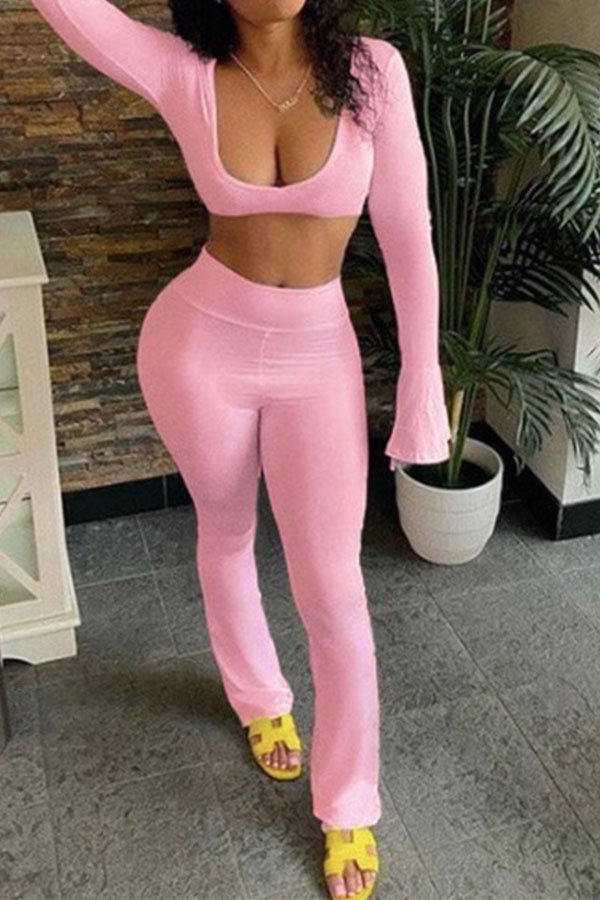 Pink England Solid Straight Long Sleeve Two Pieces