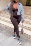 Grey Casual Solid Patchwork Turndown Collar Long Sleeve Regular Denim Jacket