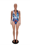 Blue Fashion Sexy Print Backless Swimwears