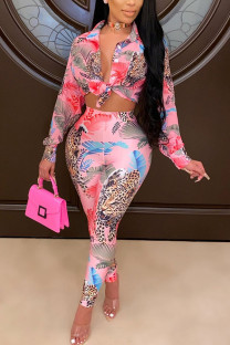 Pink Fashion British Style Adult Print Patchwork Turndown Collar Long Sleeve Regular Sleeve Regular Two Pieces