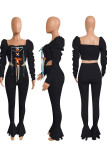 White Street Solid Bandage Square Collar Long Sleeve Two Pieces
