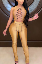 Gold Sexy Solid Patchwork Sleeveless Short Two Pieces