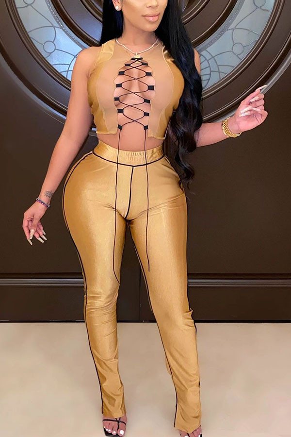 Gold Sexy Solid Patchwork Sleeveless Short Two Pieces