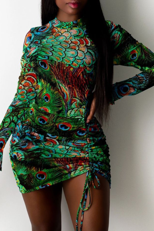 Green Sexy Print Patchwork O Neck Pencil Skirt Dresses
