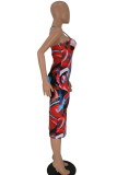 Red Sexy Fashion adult Spaghetti Strap Sleeveless Slip Step Skirt Mid-Calf Print backless Patc