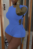 Baby Blue Casual Solid Frenulum Asymmetrical O Neck Short Sleeve Two Pieces