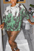 Green O Neck Long Sleeve Print Tops
