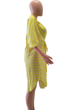Blue Casual Striped Patchwork Turndown Collar Shirt Dress Dresses