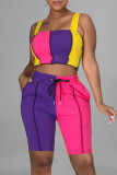 Rose Red Fashion Casual Patchwork Backless Square Collar Sleeveless Two Pieces