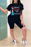 Grey Fashion Casual Print Basic O Neck Short Sleeve Two Pieces