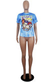 Blue White Blue Orange Yellow colour O Neck Short Sleeve Patchwork Print Character Tops