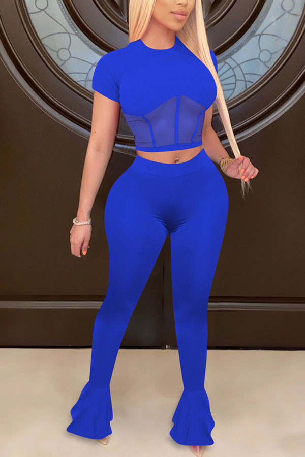 Royal blue Fashion Sexy adult Ma'am Patchwork Solid Two Piece Suits Straight Short Sleeve Two Pieces