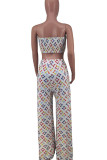 White Sexy Print Patchwork With Bow Strapless Sleeveless Two Pieces