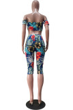 Orange Sexy Print Patchwork Off the Shoulder Short Sleeve Two Pieces