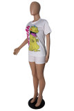 Blue Fashion adult OL Patchwork Print Character Two Piece Suits Straight Short Sleeve Two Pieces