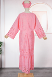 Pink Casual Solid Color Lace Zipper V Neck Long Plus Size Dresses