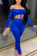 Blue Sexy Solid Patchwork Draw String Fold Strapless Long Sleeve Short Two Pieces【Special offer, no returns or exchanges.】