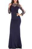 Blue Fashion Long Sleeves O neck Slim Dress Floor-Length Patchwork 