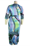 Multicolor Fashion Casual Plus Size Print Basic V Neck Dress
