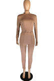 Pink Sexy Solid Patchwork Half A Turtleneck Long Sleeve Two Pieces
