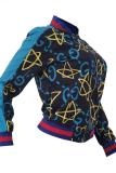 Navy Blue V Neck Slim fit Print Zippered Patchwork Print Long Sleeve Blazer & Suits &Jacket