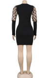 Black Sexy Party Gauze Pit Article Fabrics Patchwork Solid Patchwork See-through O Neck Long Sleeve Mini A Line Dresses