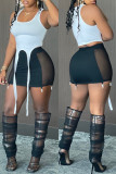 Blue Sexy Solid Patchwork See-through U Neck Sleeveless Two Pieces