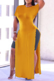 Yellow Fashion Casual Solid Slit O Neck Tops