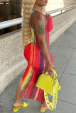 Red Fashion Sexy Print Tie Dye Slit U Neck Vest Dress