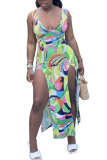 multicolor Fashion Sexy adult multicolor Tank Sleeveless V Neck Asymmetrical Mid-Calf Print Patchwork split asymmetrical Dresses