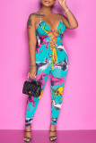Multicolor Fashion Sexy Print Bandage Hollowed Out Backless Spaghetti Strap Regular Jumpsuits