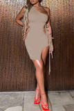 Black Fashion Sexy Solid Hollowed Out Strap Design One Shoulder Sleeveless Dress