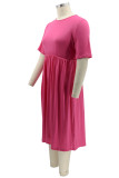 Blue Fashion Casual Plus Size Solid Basic O Neck Short Sleeve Dress (No Pocket)