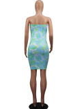 Light Blue Milk. Fashion Sexy adult Ma'am Green Pink Light Blue Light Purple Off The Shoulder Sleeveless Wrapped chest Step Skirt skirt Print Tie and dye Dresses